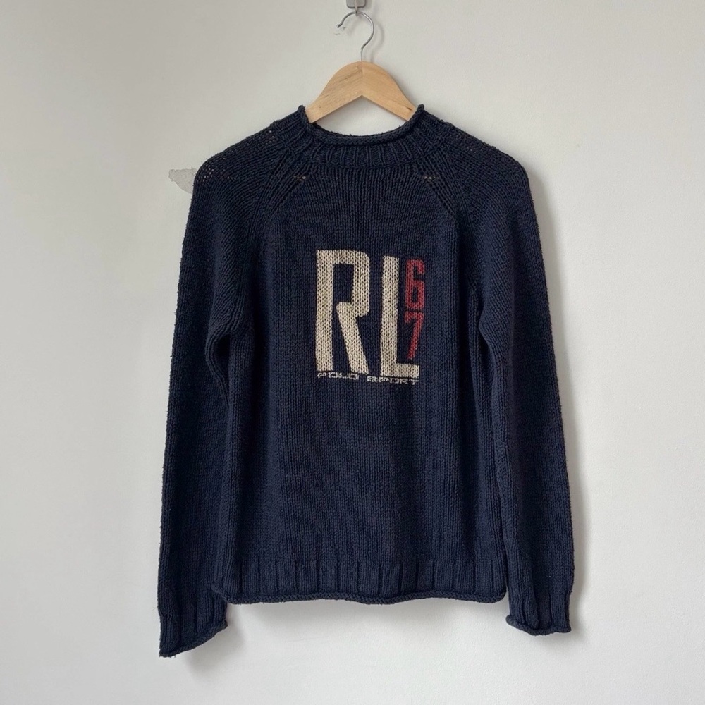 Vintage Polo Sport 100% Silk Chunky Knit Fisherman Sweater Size M RL67 Big Logo